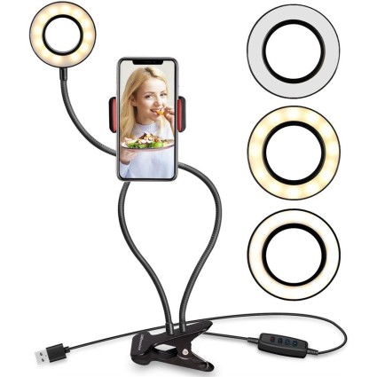 Selfie Ring Light mit LED-Licht, Helligkeitsregelung + flexiblen Armen