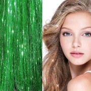 Bling Silver glitter hair Extensions 100 pcs glitter hair strand 80 cm - Green