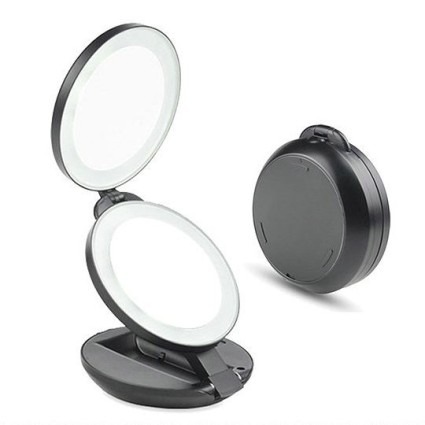 Beidseitiger Taschenspiegel / Reisespiegel mit LED und 10-facher Vergrößerung - schwarz